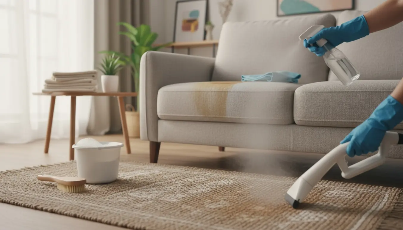 Hænder renser pletter på en lille sofa og et mellemstort tæppe i en lys stue.