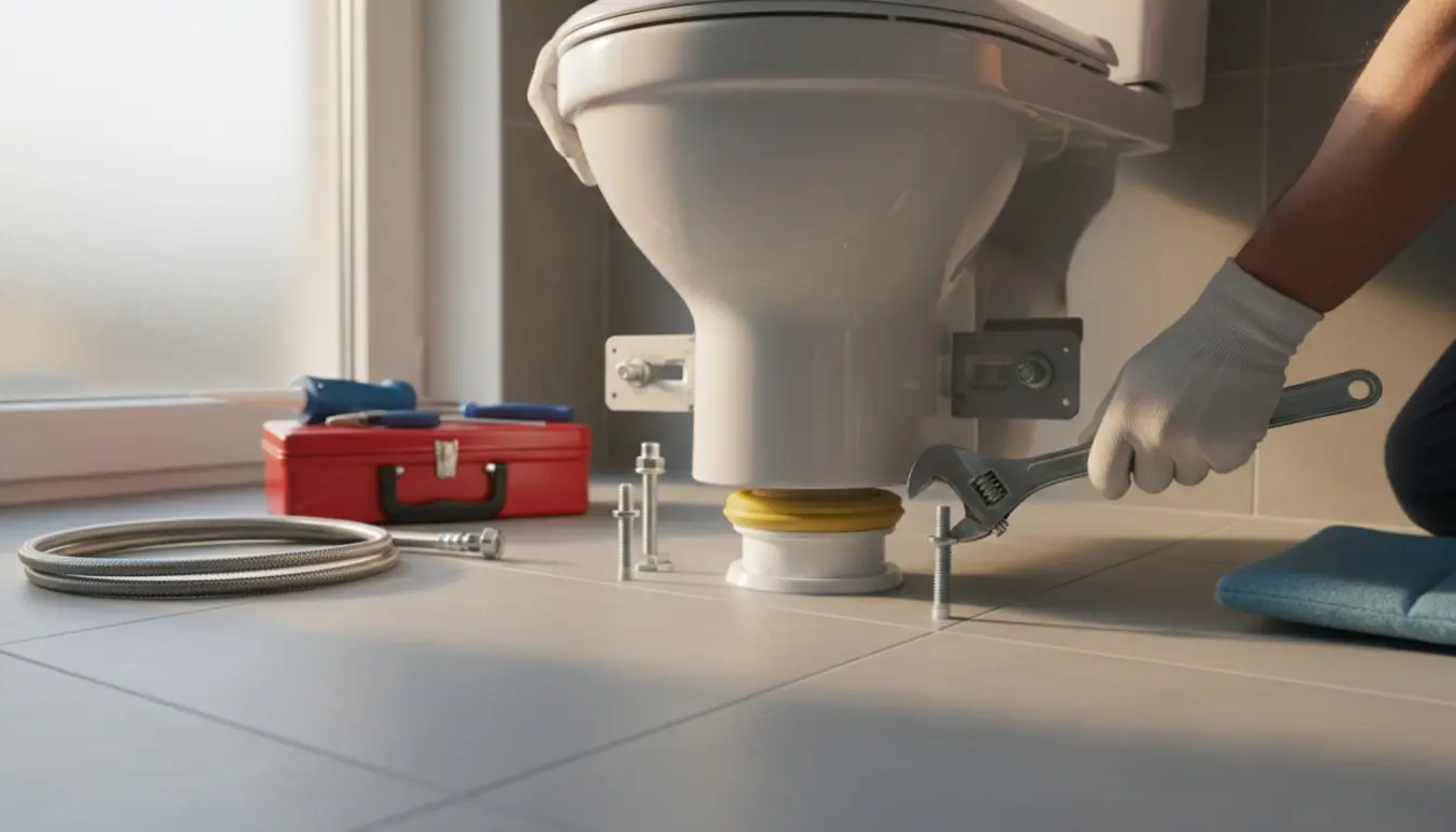 Hænder monterer et kompakt gulvstående toilet over afløbsflangen i et lyst badeværelse.