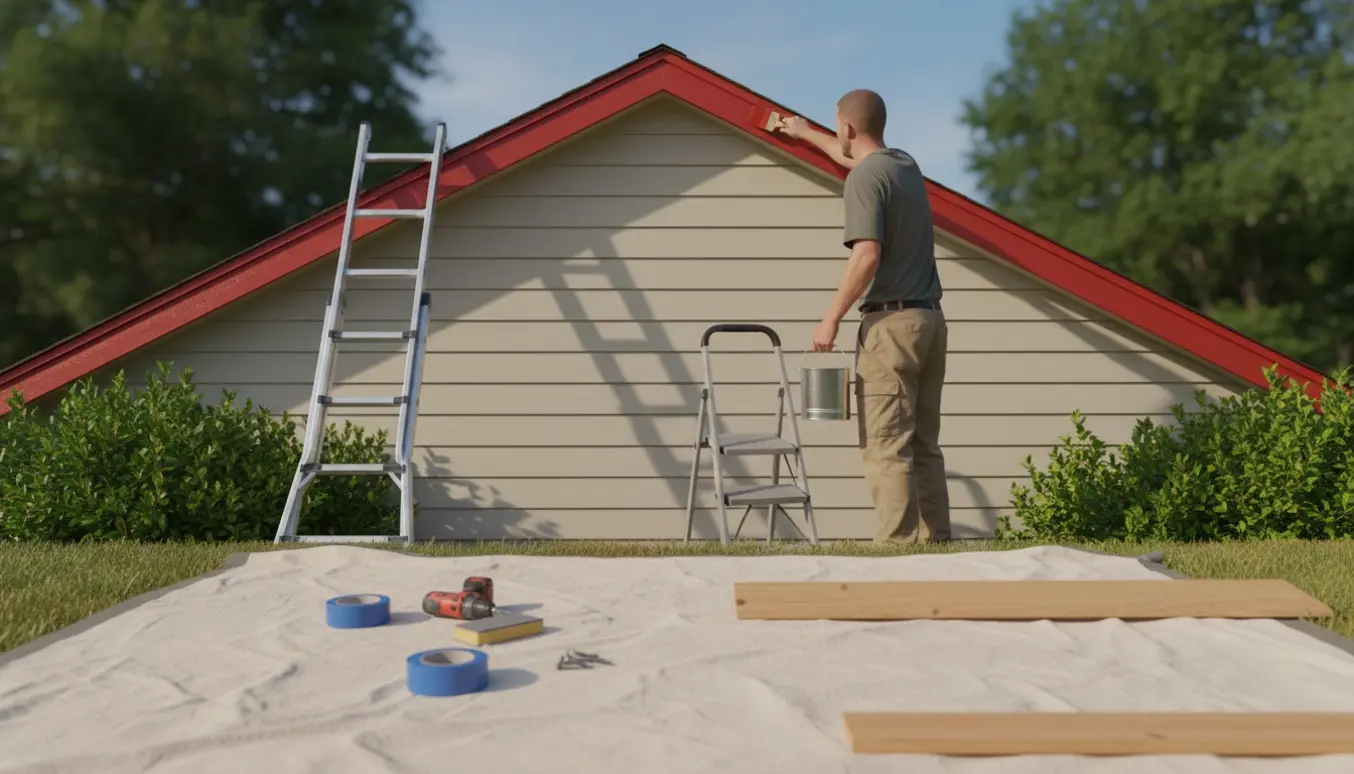 Person maler den smalle røde kant på en gavl med stige, malerbøtte og nyt stykke træ klar ved siden af.