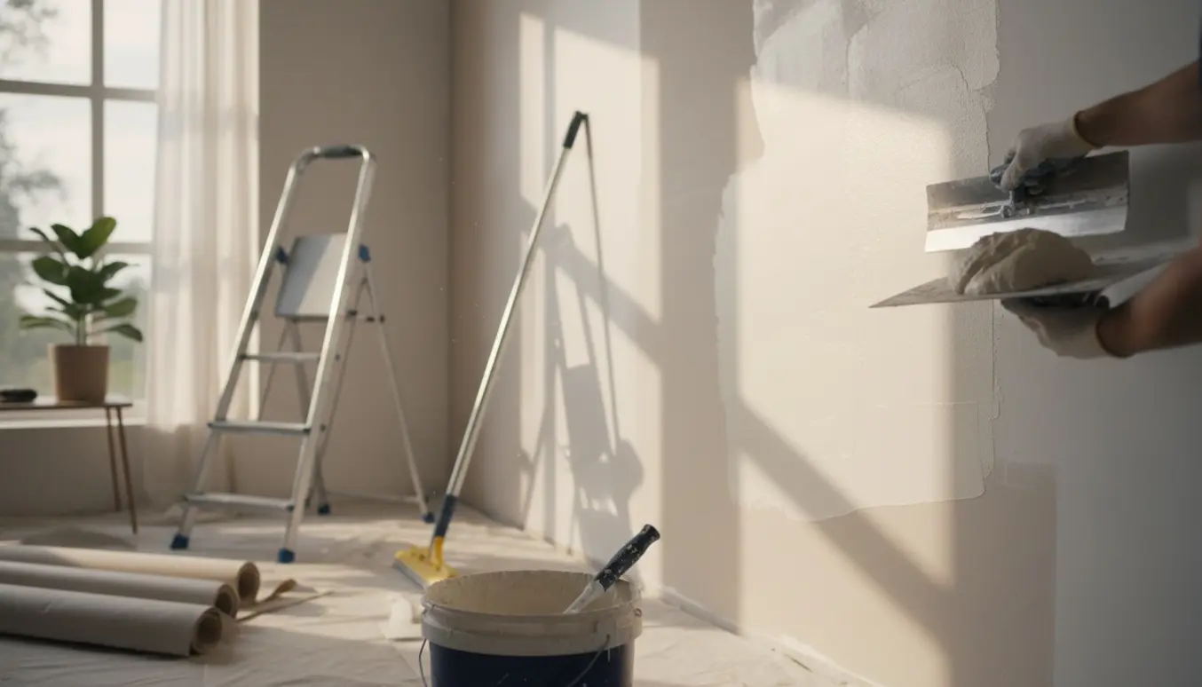 Nærbillede af hænder, der fuldspartler en væg med spartel og spand spartelmasse klar til væv.