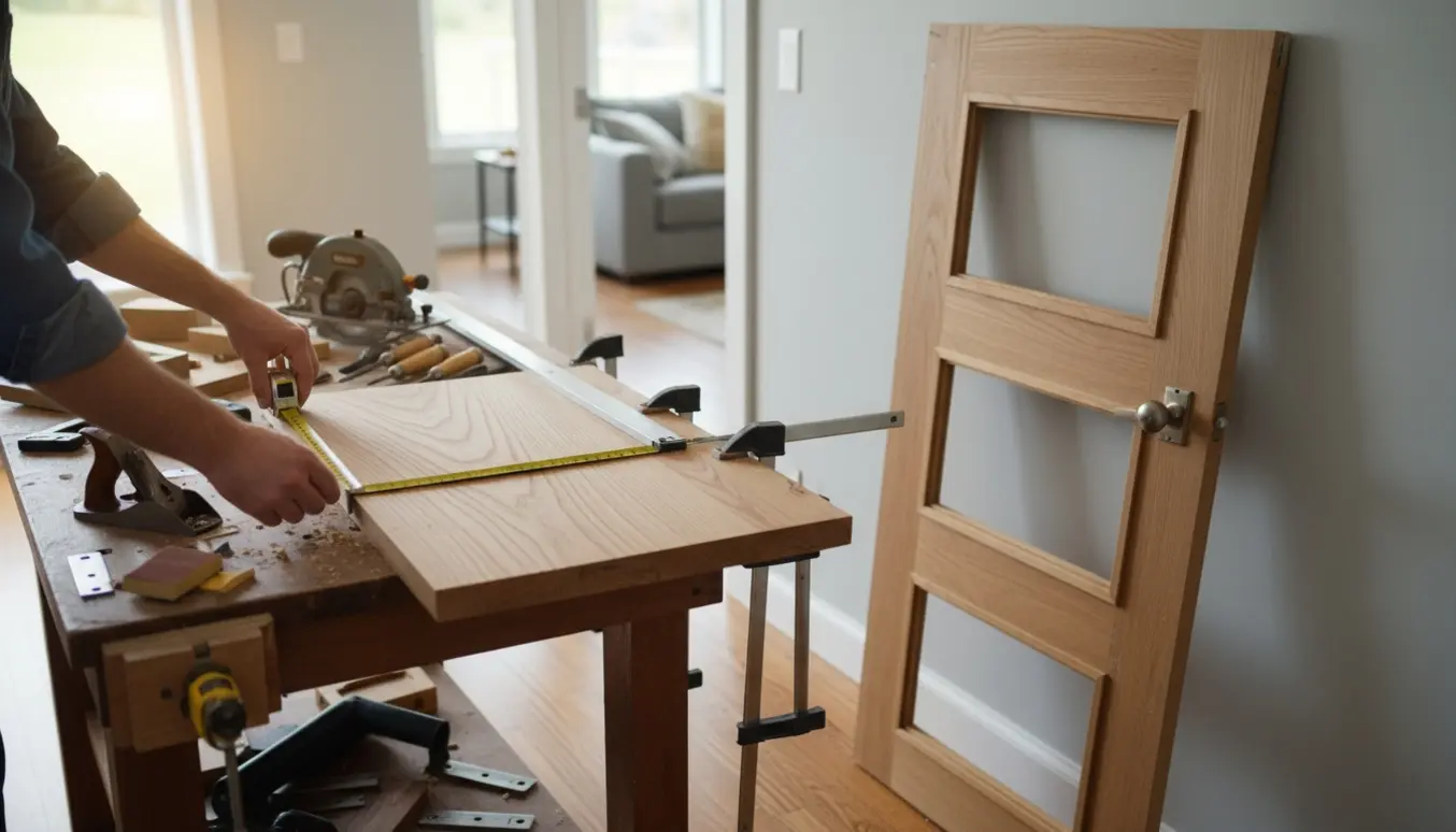 Hænder tilpasser og monterer en speciallavet indvendig dør i en lys gang.