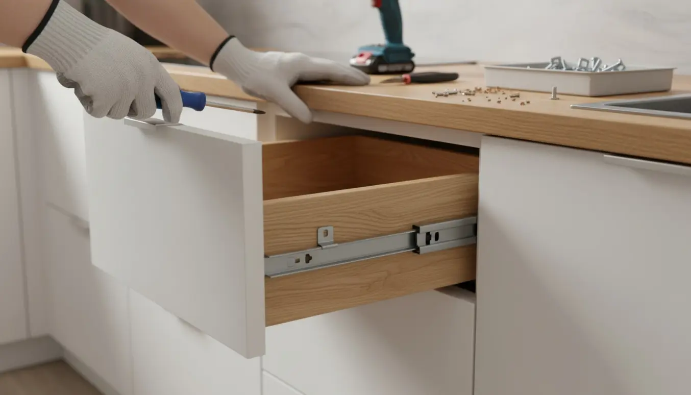 Hænder løsner en metal soft-close skinne på en skuffe i et moderne køkken.
