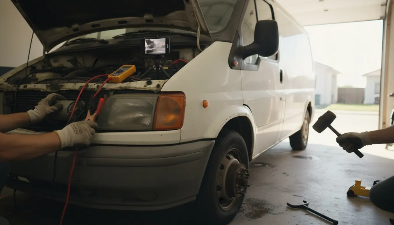 En hvid varevogn i garage med åben motorhjelm, handsker, startkabler og en gummihammer ved et rustent hjul.