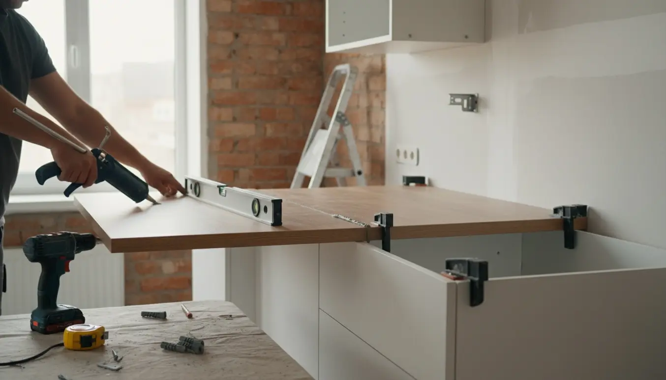 Opsætning af bordplade i et lille køkken med synlig mur- og gipsvæg og værktøj på plads.