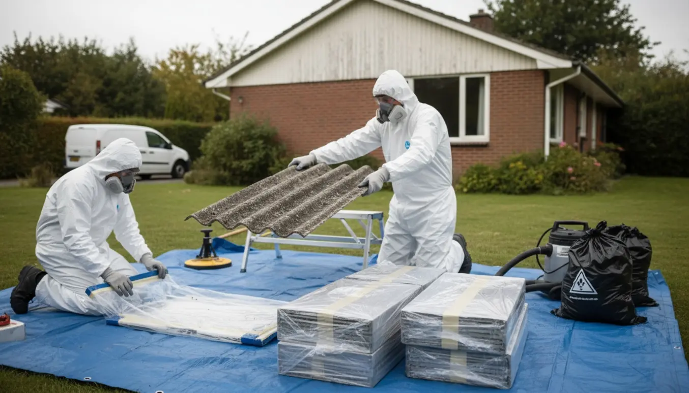 Faglærte i beskyttelsesdragter fjerner og pakker asbesttagplader fra et 70'er-hus klar til bortskaffelse.
