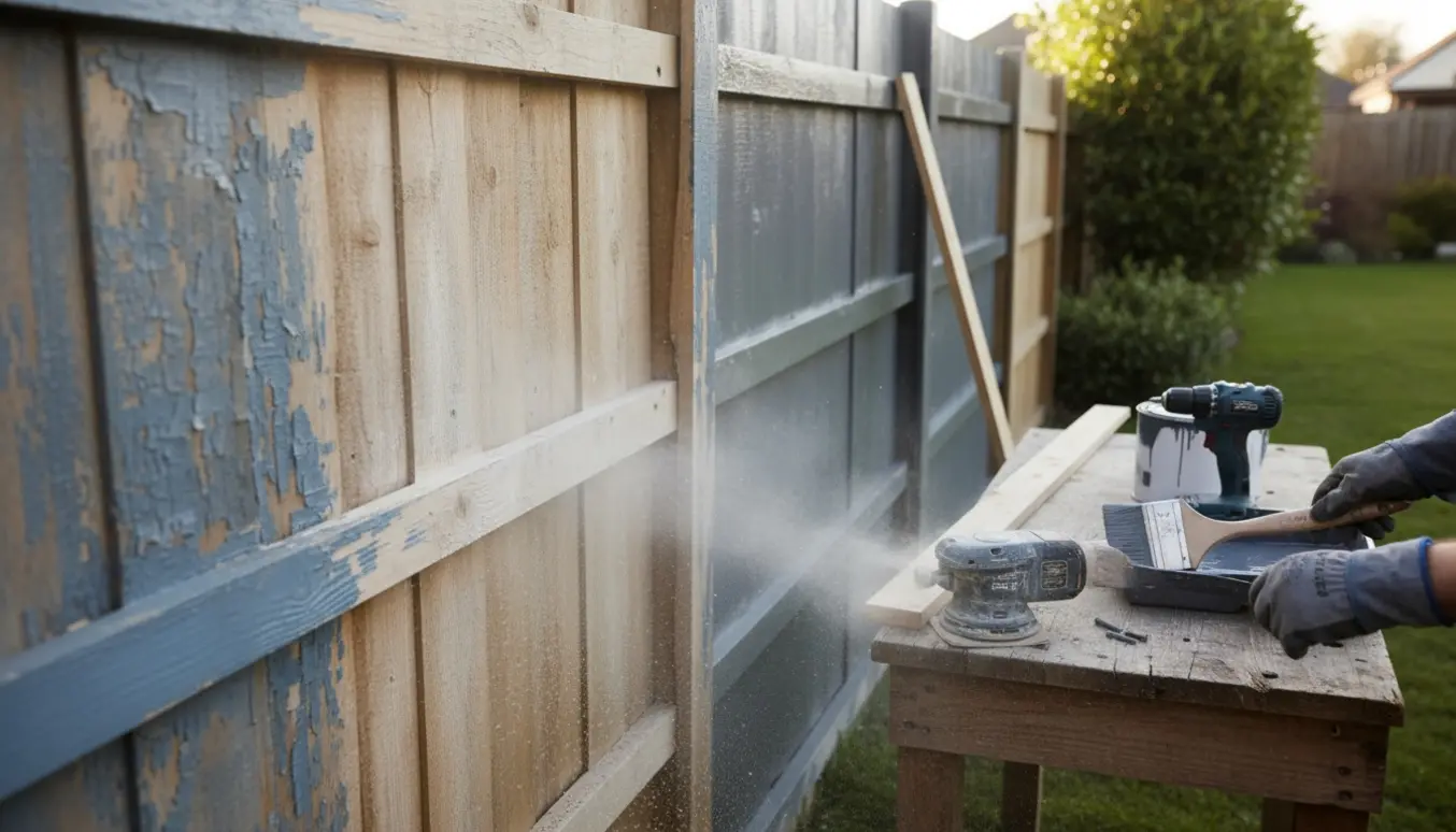 Renovering af træhegn med slibning, maling og nye brædder i en solrig have.