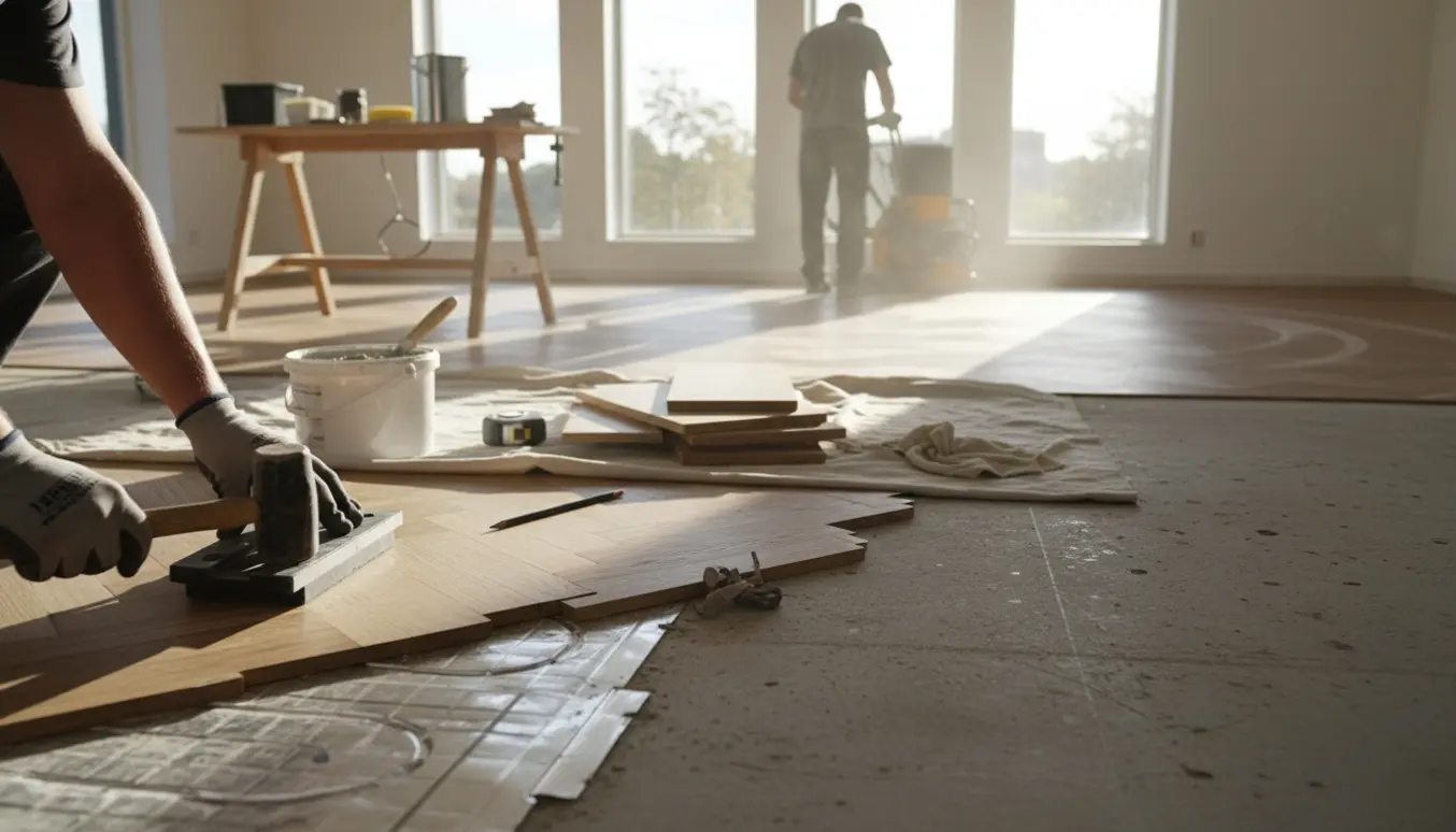 Tomt husinteriør med lægning af fletparket over gulvvarmeplader og slibning af eksisterende trægulv.