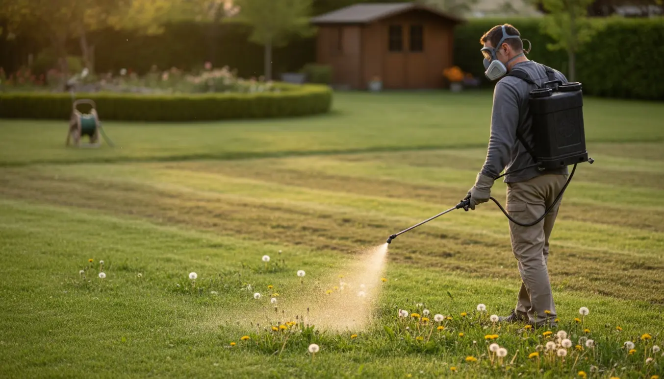 Person sprøjter ukrudt på en stor græsplæne med rygsprøjte i blødt aftenslys.