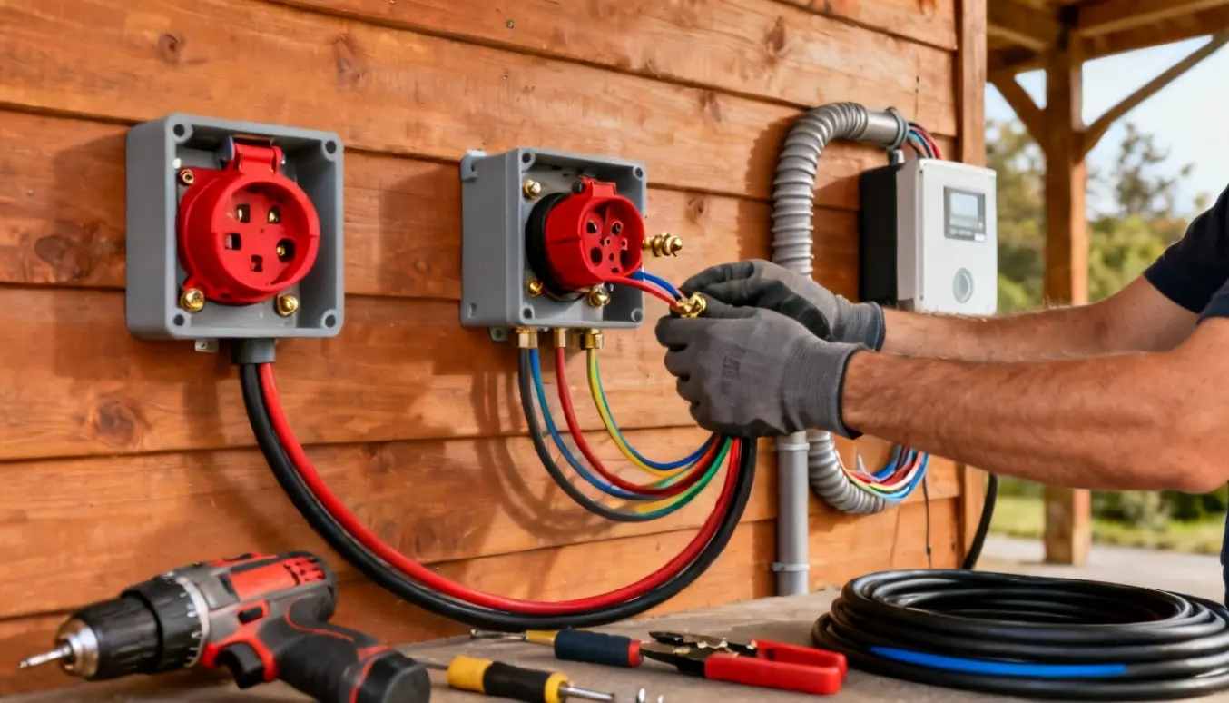 Rød trefaset CEE-stik monteres på en trævæg i carport med elektrikers hænder og værktøj.