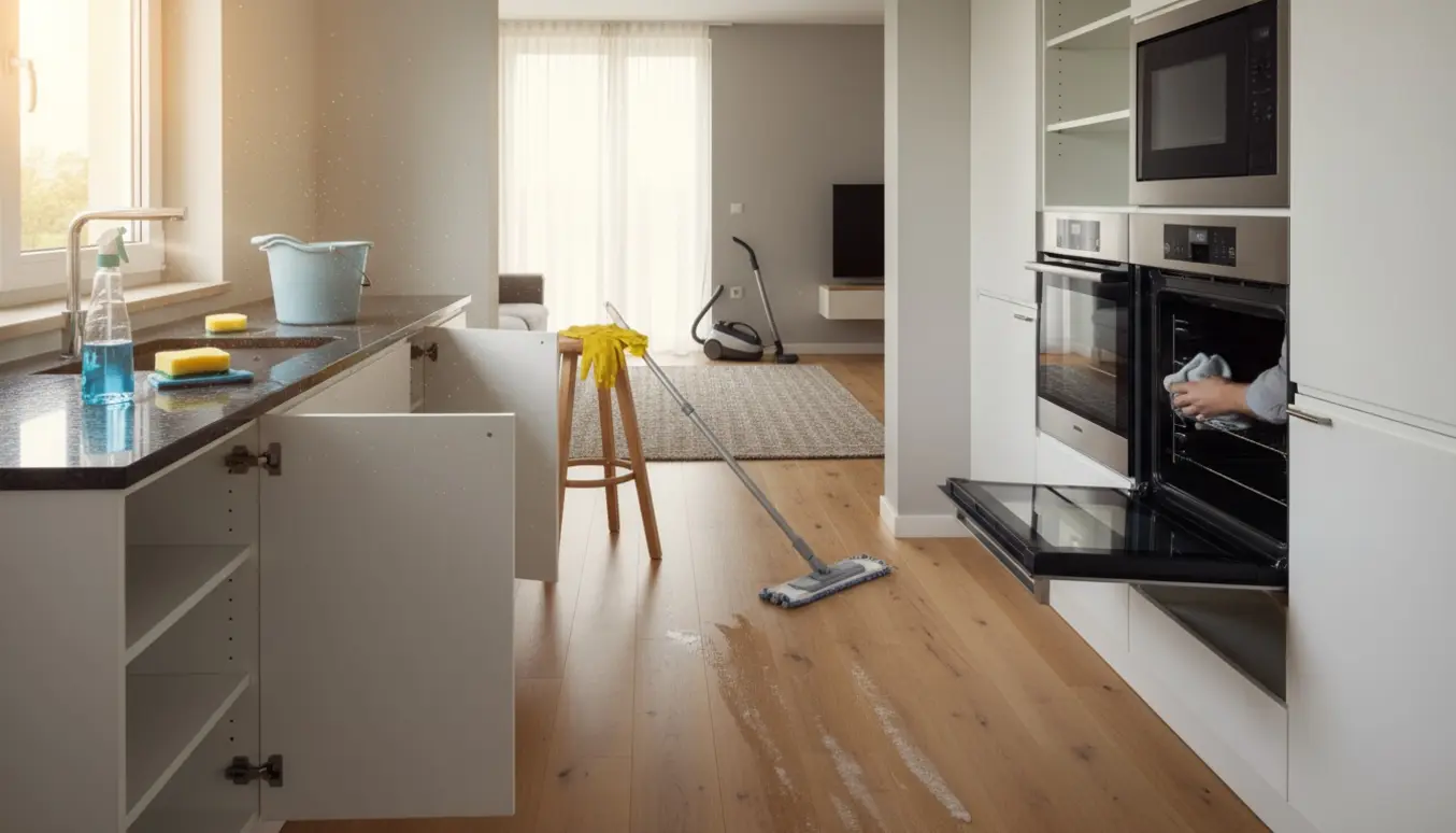 Lyst køkken og opholdsområde med åbne skabe og rengøringsudstyr under grundig hovedrengøring.