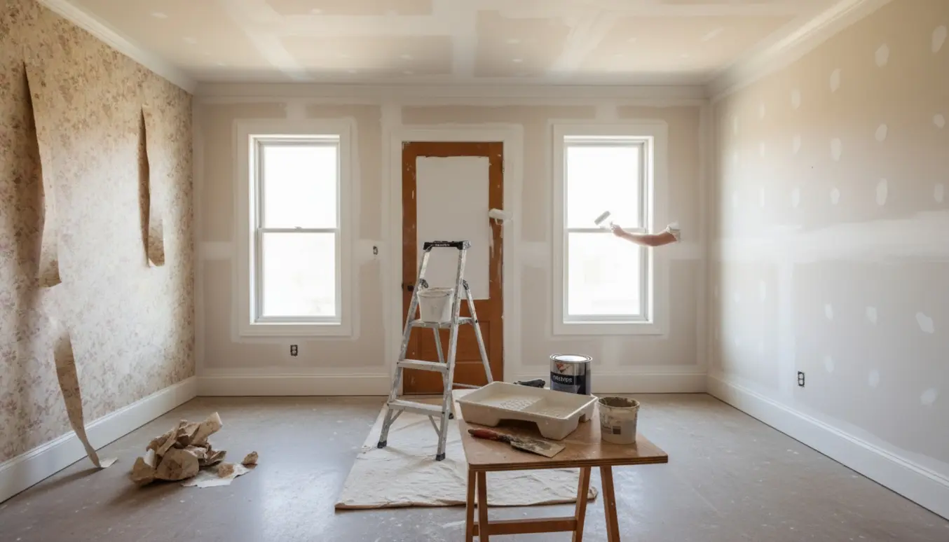 Tomt hus under maling med afrevet tapet, spartlede vægge og en maler, der ruller maling på dørkarme.