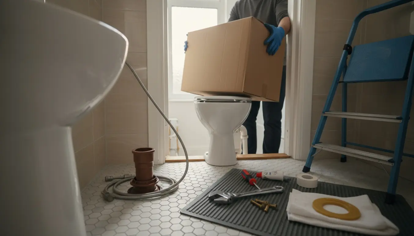 Et nyt hvidt toilet bæres op ad trappen til et badeværelse i et rækkehus, mens det gamle toilet er delvist afmonteret og værktøj ligger parat.