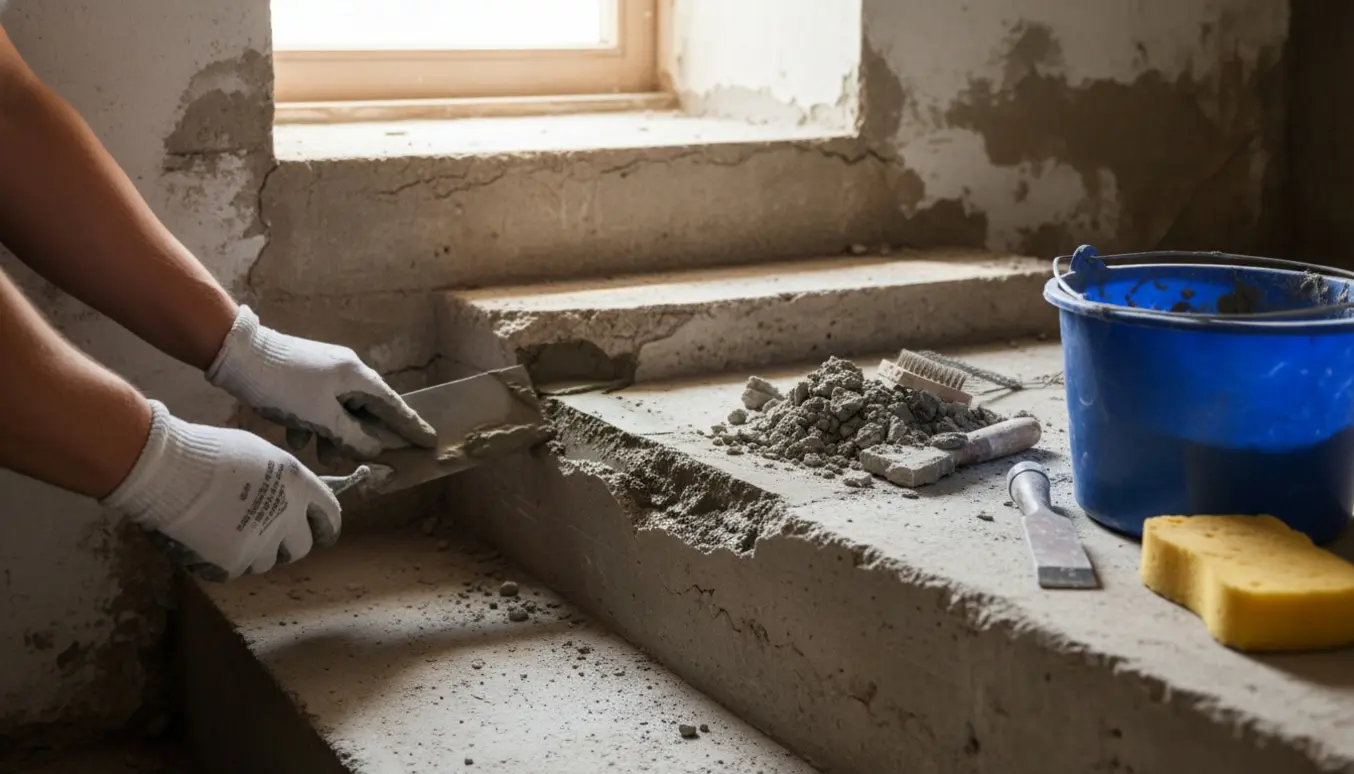 Hænder fylder huller i en kælderskakt og betontrappe med frisk mørtel.