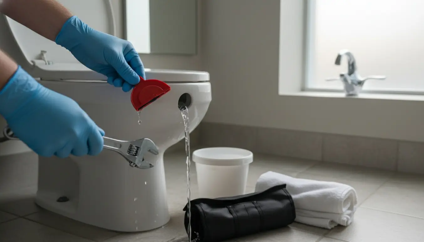 Åbent toilet med løbende vand og VVS-hænder ved cisternen, klar til reparation.