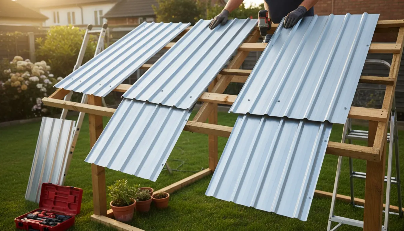 Montering af nye trapezplader på et lille planteskurtag med en skruemaskine.