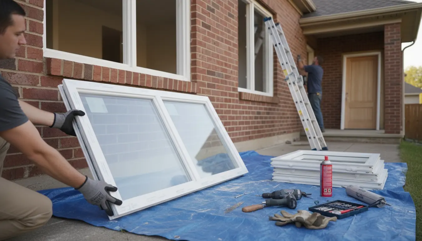 Hænder i handsker monterer et nyt vinduesramme på en boligfacade med værktøj og ekstra rammer ved facaden.
