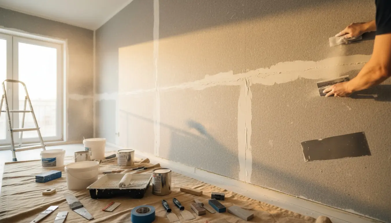 Professionel maler spartler, sliber og forbereder en stor og en lille væg til maling.