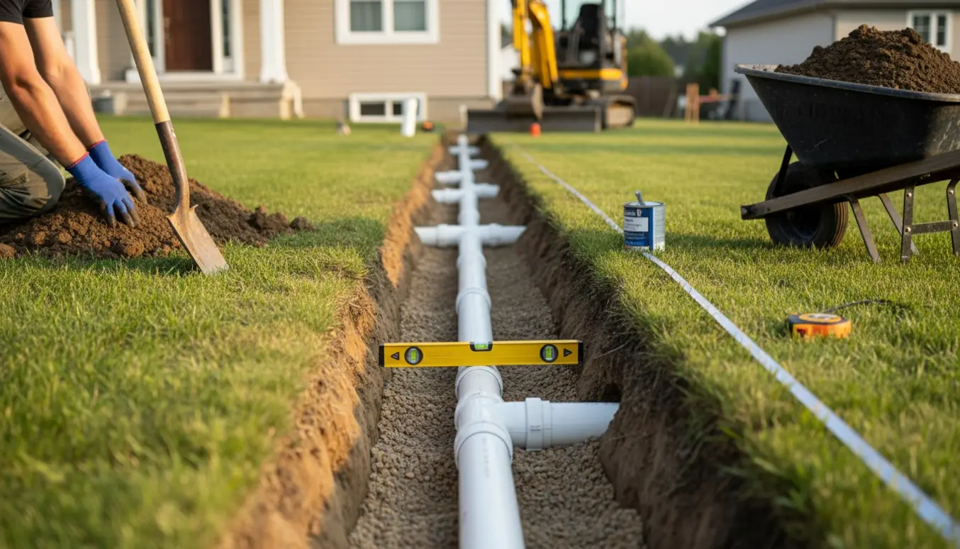 Udgravning og lægning af kloakrør i en have til et nyt toilet, cirka 15 meter langt.