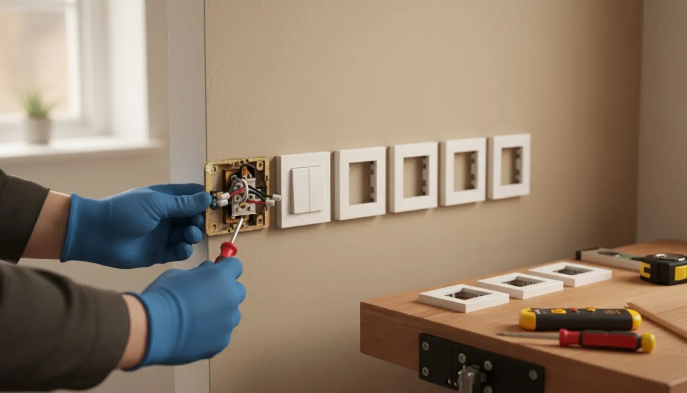 Nærbillede af hænder, der udskifter ydre afbryderplader til hvide LK-kontakter med værktøj på et bord.