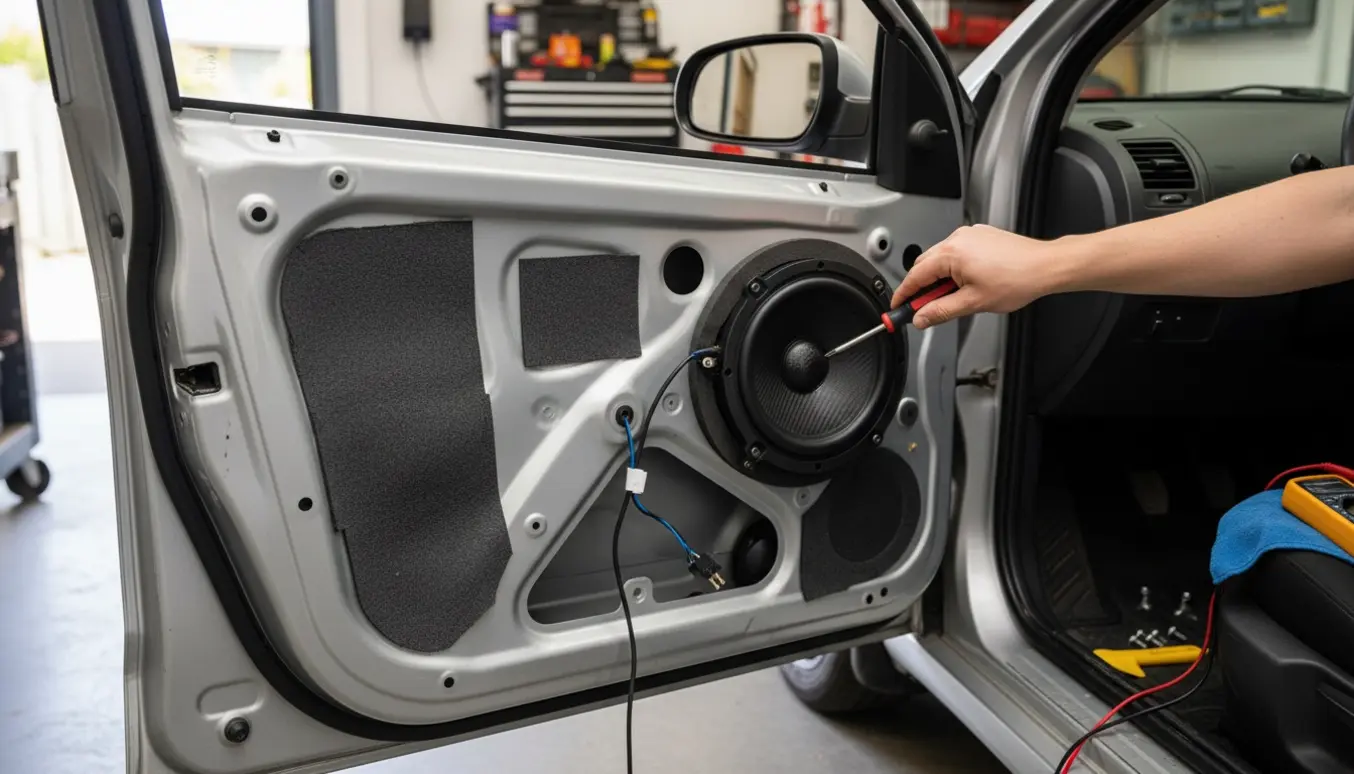 Hænder monterer en ny dørhøjtaler i en tre-dørs 2007 hatchback med døren afmonteret og ledninger synlige.