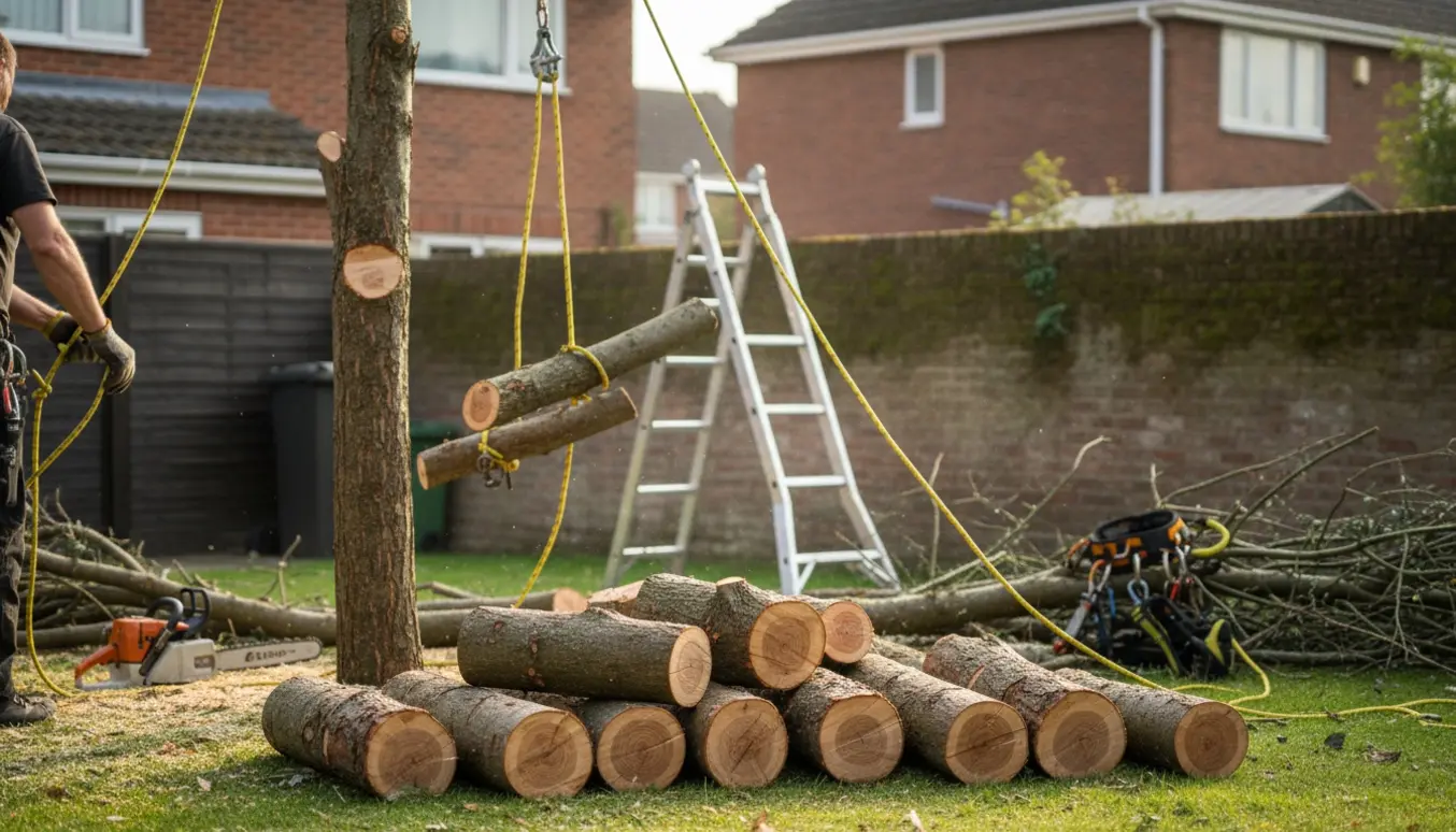 Fældning af dødt træ tæt på bygninger med nykappede stykker stablet og savsmuld på jorden.