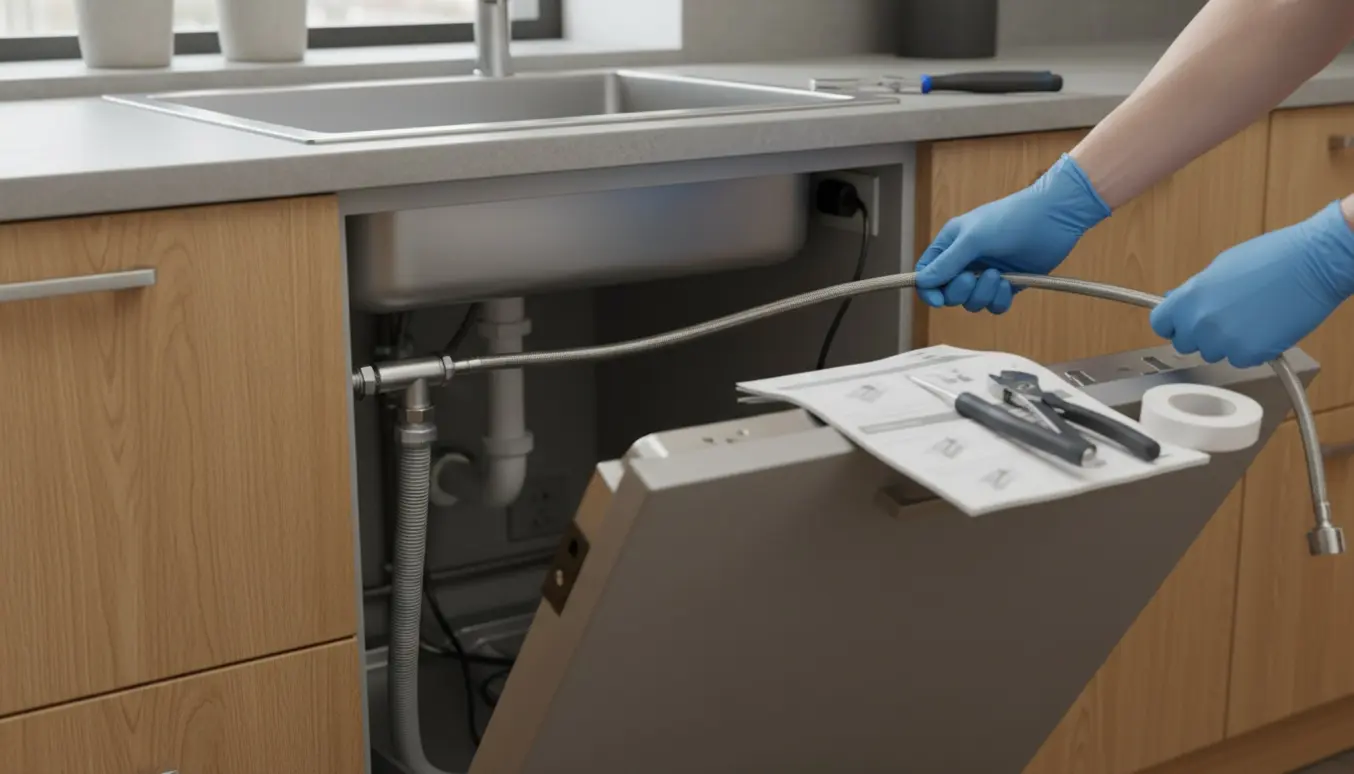 Hænder tilslutter en lille opvaskemaskine under køkkenvasken med slange, skruenøgle og strømstik.