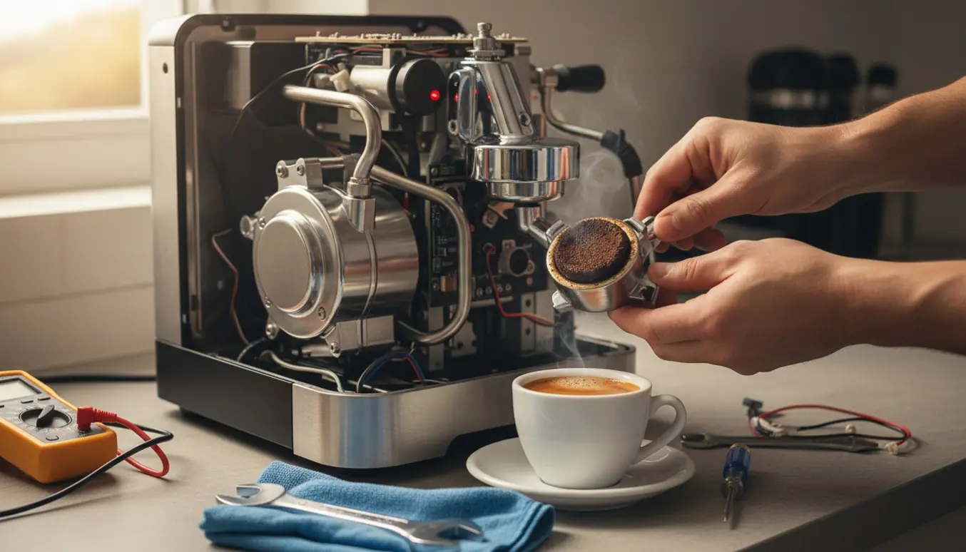 Espressomaskine åbnet til fejlfinding på et køkkenbord med værktøj, multimeter og en advarselsindikator.