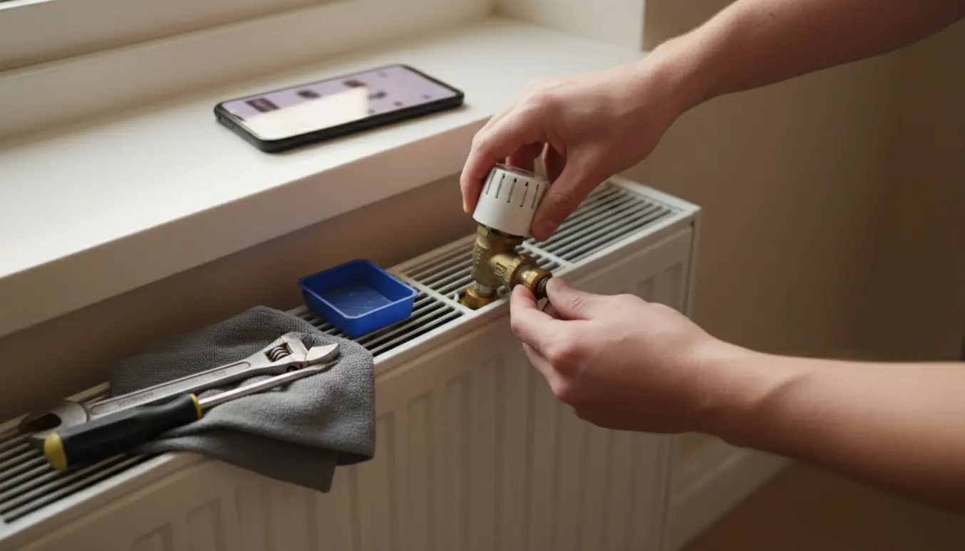 Nærbillede af hænder, der afmonterer et termostathoved fra en radiator med værktøj og en tom delebakke ved siden af.