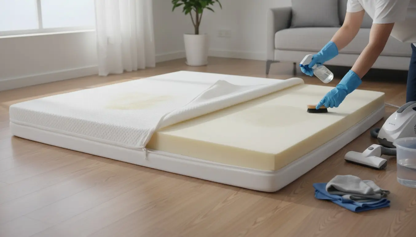 Topmadras med aftageligt betræk renses i en lys stue, hvor hænder i handsker behandler pletter med spray og børste.