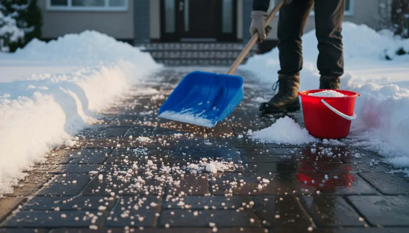 Nyslået fortov og flisegang foran et hus med sneskovl og spredt salt, uden synlige ansigter.