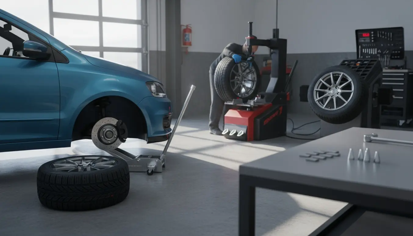 Nyt dæk monteres og afbalanceres på en lille hatchback i en lys, ryddelig garage.