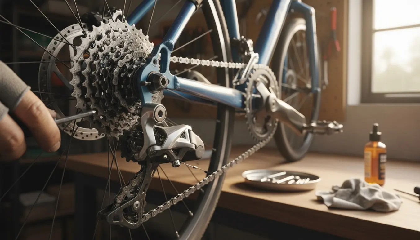 Nærbillede af hænder, der justerer cyklens bagskifter på et cykelstativ.