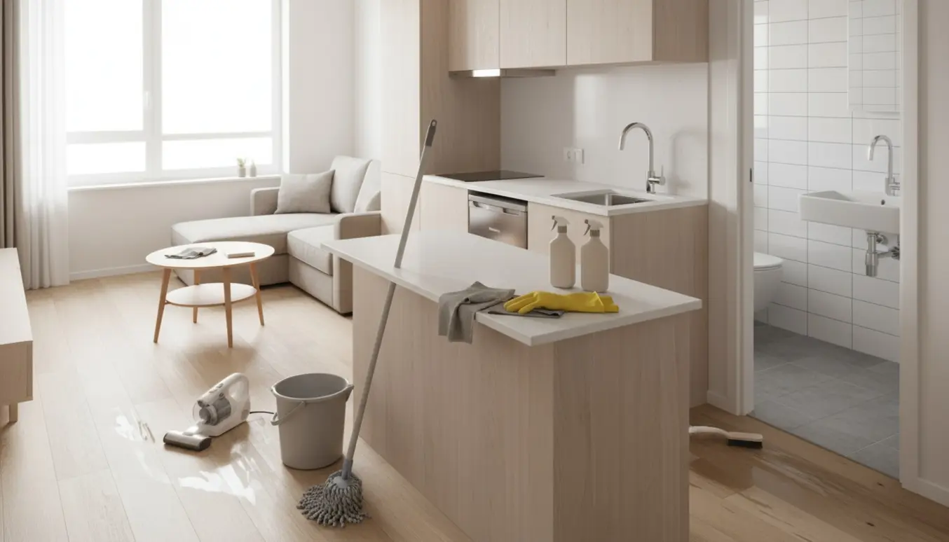 Rengøringsudstyr og handsker i en solbeskinnet lille lejlighed under slutrengøring.