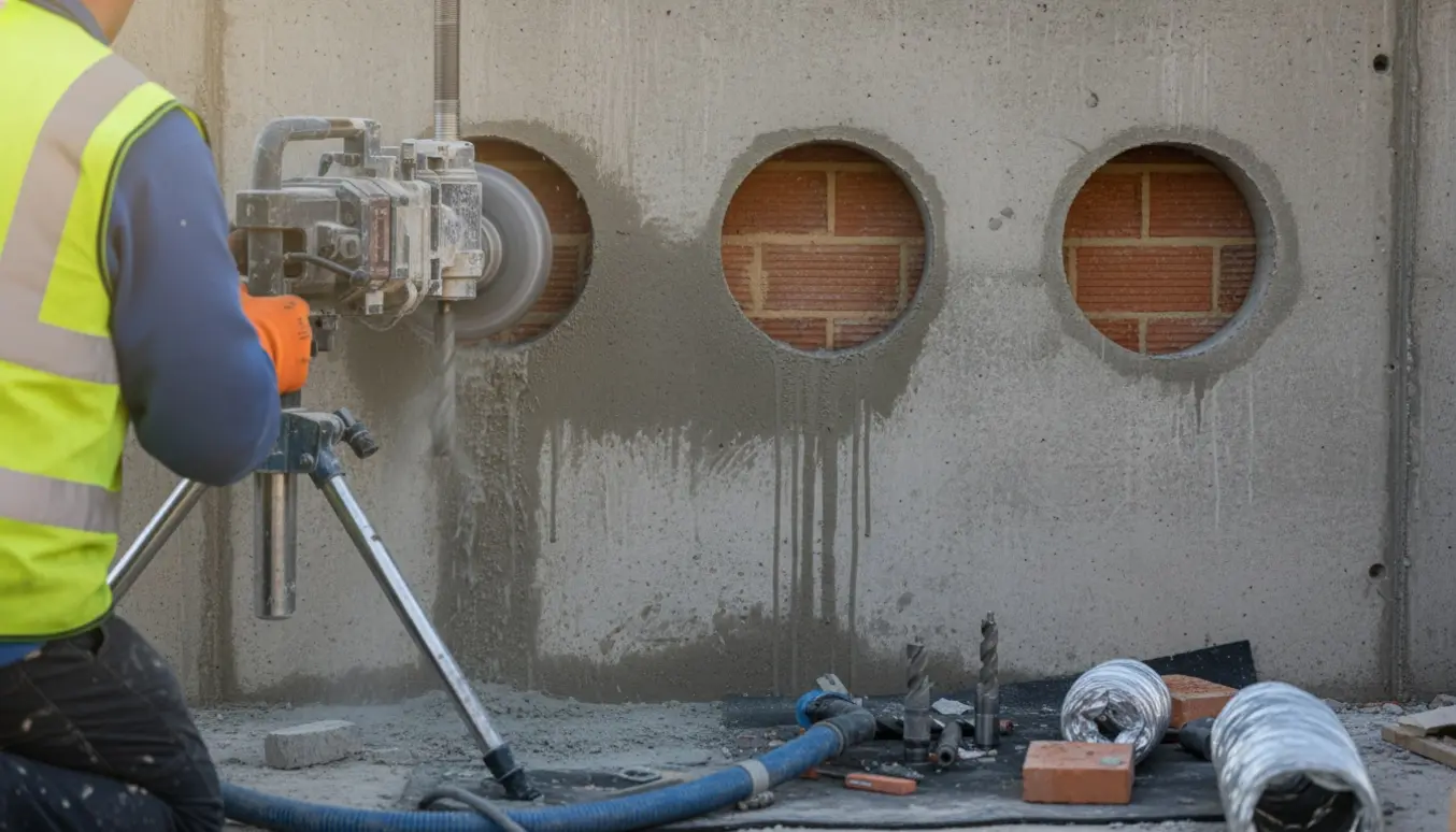 Tæt foto af en boremaskine, der laver tre præcise runde huller i soklen til ventilationskanaler.