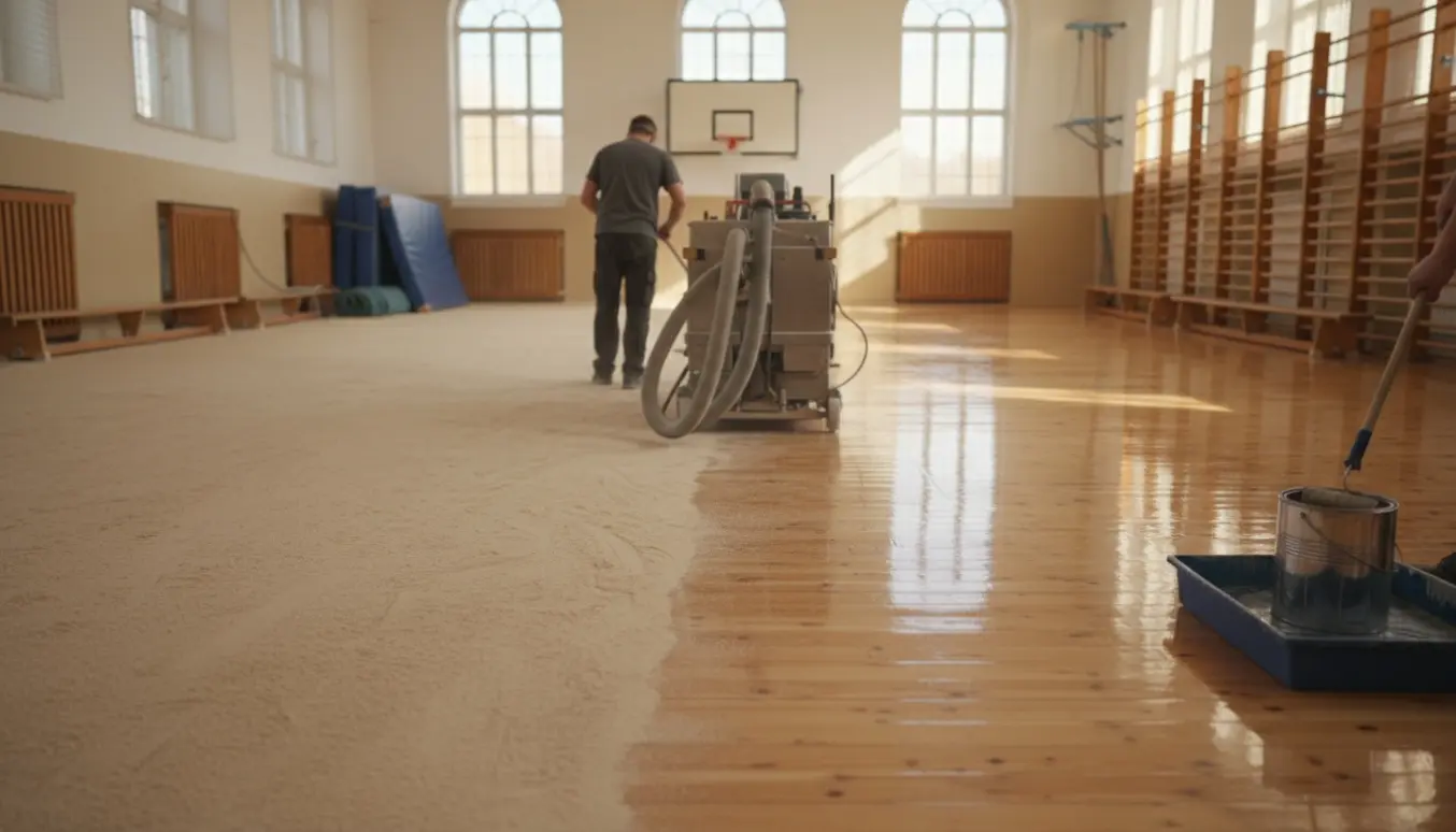 Fyrretræsgulv i gymnastiksal under slibning og lakering med maskine og rulle.