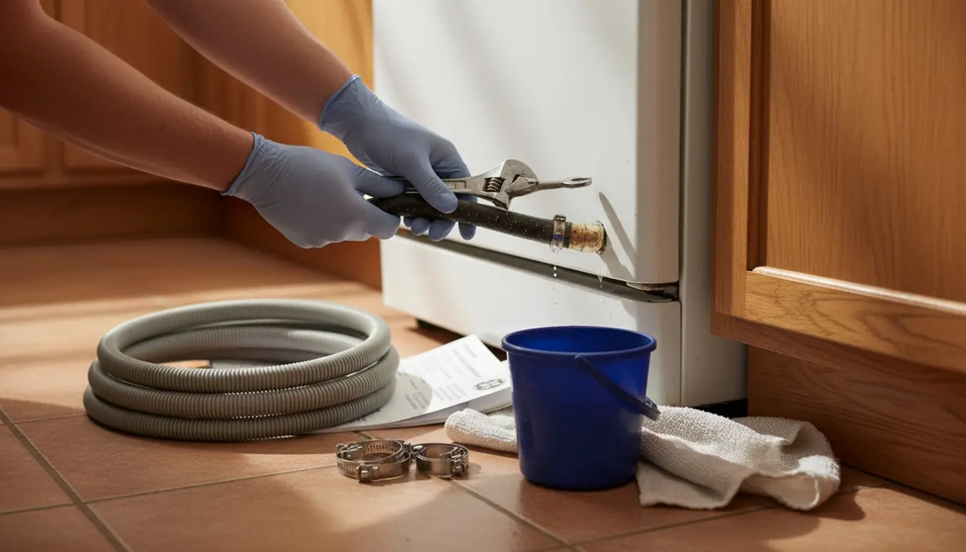 Hænder udskifter afløbsslange på en opvaskemaskine med værktøj og spand i køkkenet.