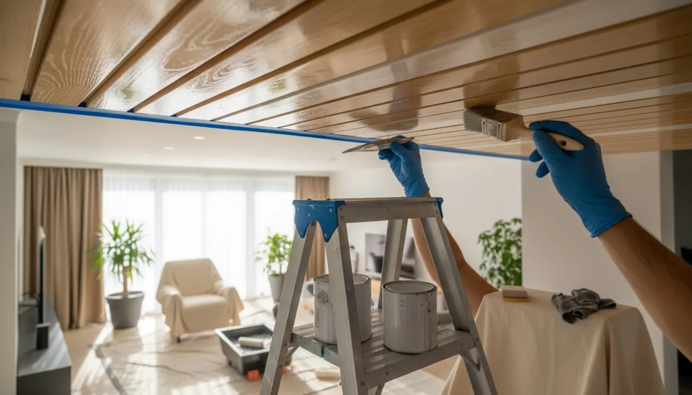 Nærbillede af hænder, der maler og lakkerer trælister i et loft med pensel og lakborste.