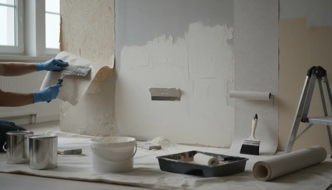 Væg under renovering med fjernet savsmuldstapet, spartelmasse, tapet og malerredskaber lagt frem.