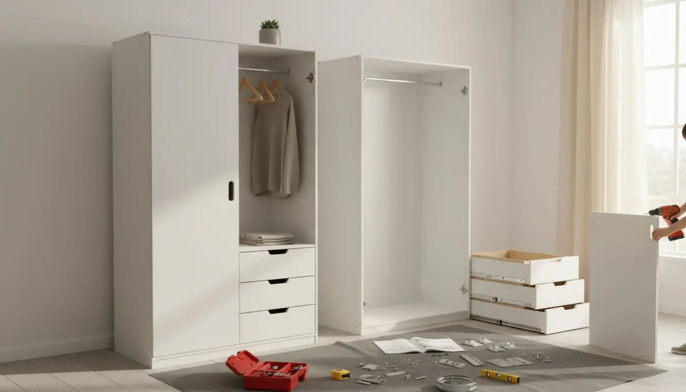 Hænder samler to hvide garderobeskabe i et lyst rum, ét færdigt og ét under samling.