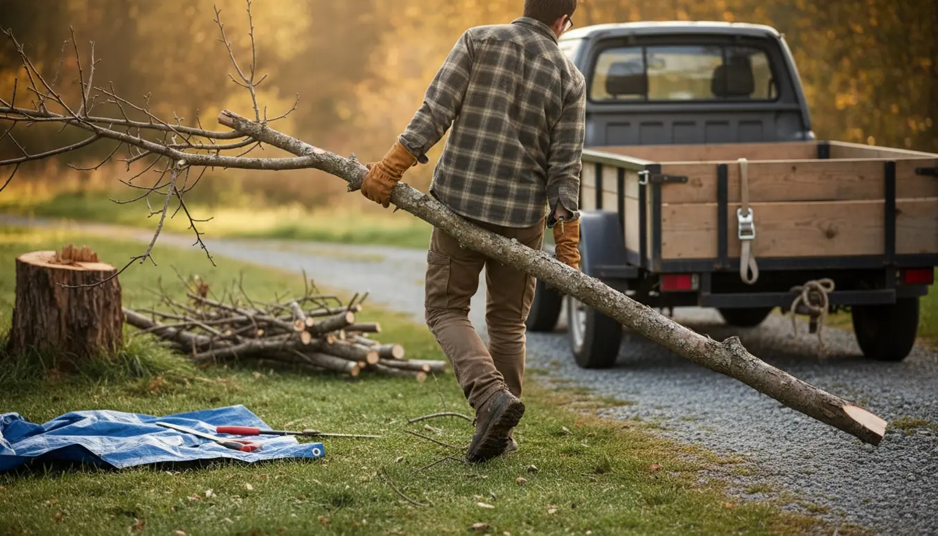 En person læsser afskårne æbletræsgrene på en trailer i en baghave.