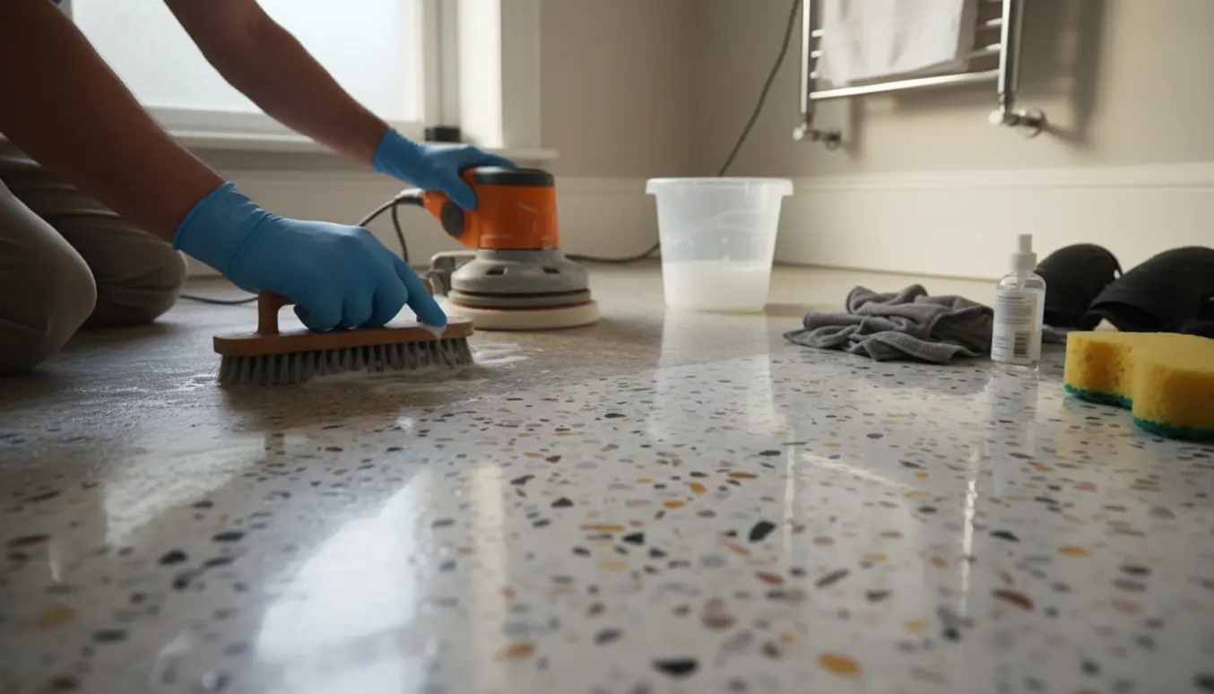 Nærbillede af håndrensning og polering af slidt terrazzogulv i et lille badeværelse.