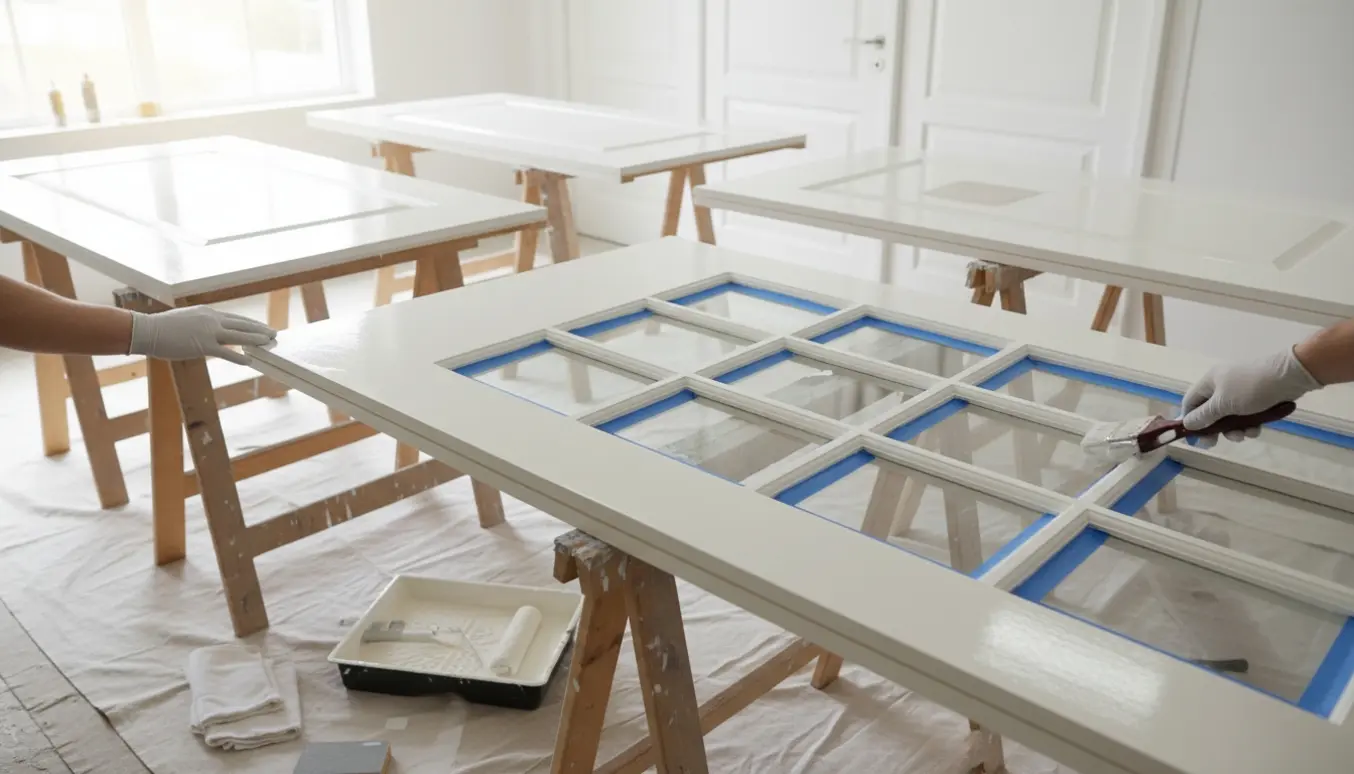 Indvendige døre og en fransk dør med ruder på bukke mens en maler påfører hvid maling med pensel og rulle.