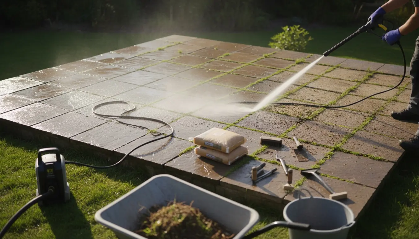 L-formet terrasse under højtryksrensning med våde fliser, redskaber og sække sand i baggrunden.