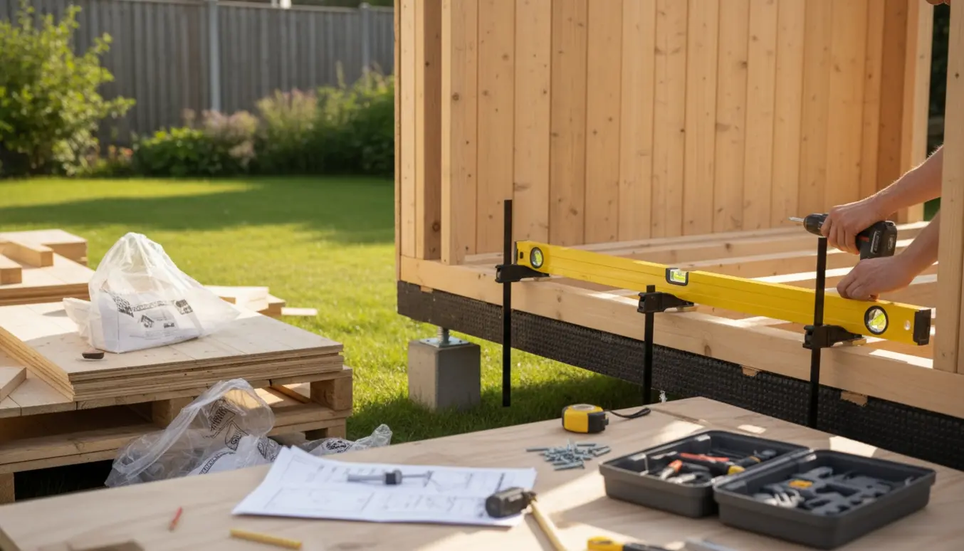 Delvist samlet præfabrikeret anneks hævet på betonklodser i en baghave med værktøj og materialer klar.