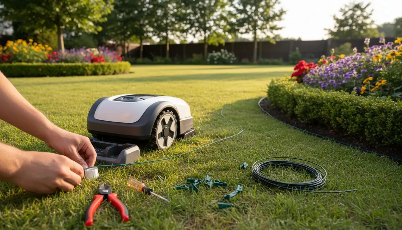 Hænder tilslutter installationskabel til en robotplæneklippers ladestation i en mellemstor have.