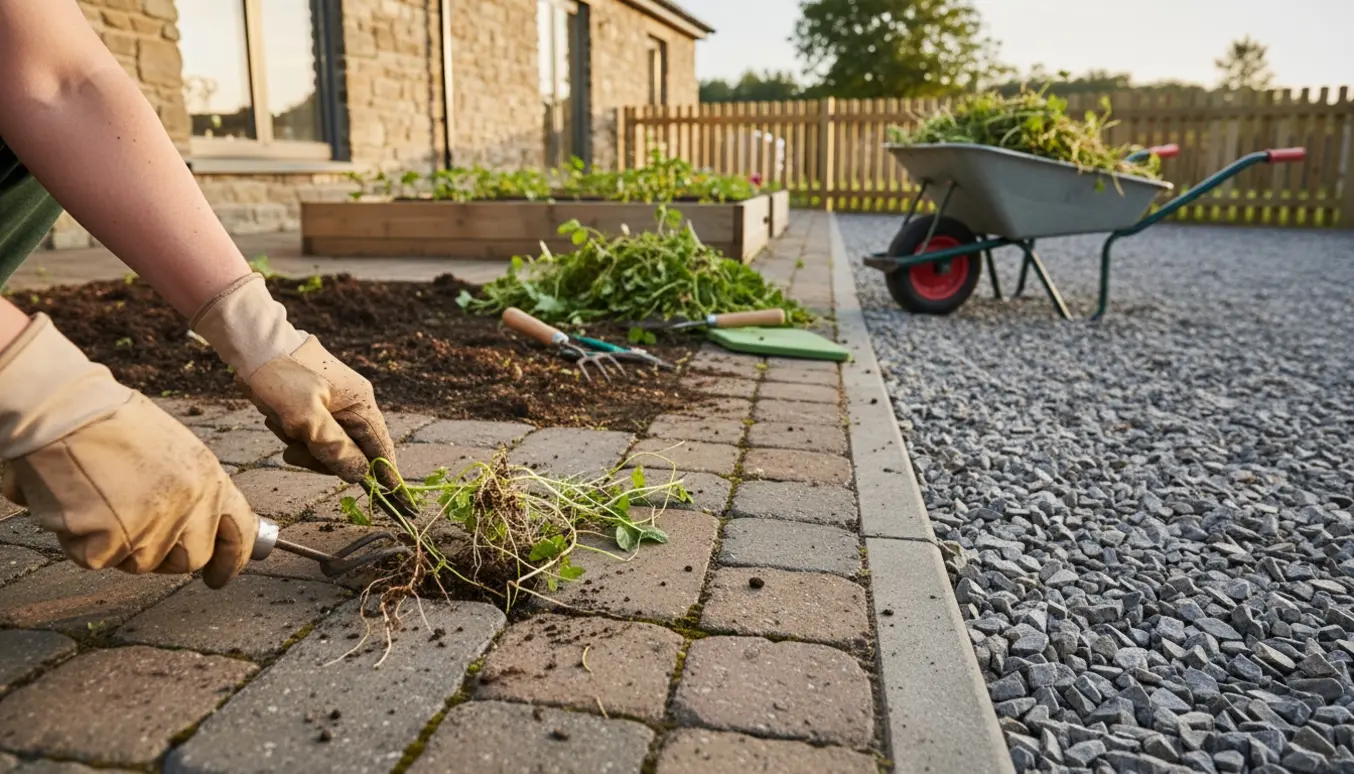 Hænder i handsker luger ukrudt mellem fliser ved husets forhave og granitskærvet indkørsel.