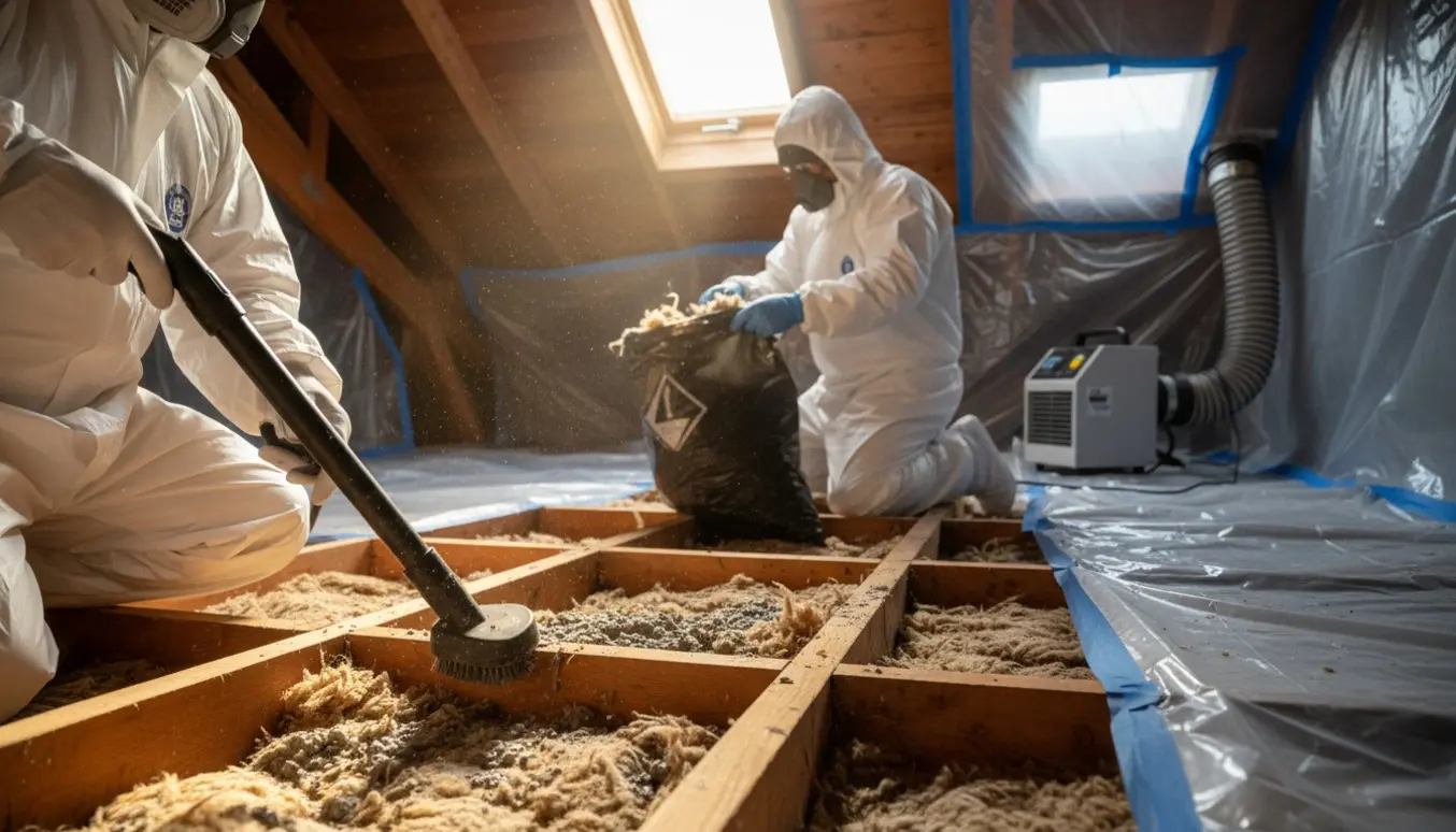 Person i beskyttelsesdragt fjerner gråt asbestslam fra isolering i et loftrum med HEPA-støvsuger og plastafskærmning.