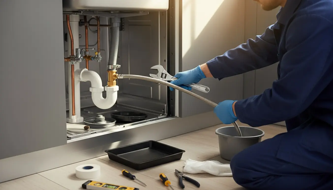 Tekniker forbinder vand- og afløbsslanger til en indbygget opvaskemaskine under en køkkenvask.