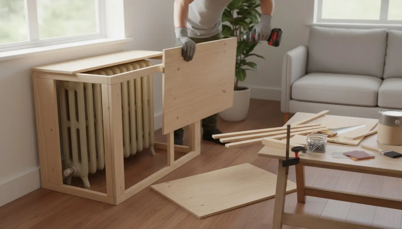Delvist samlet trækasse til at skjule en radiator i et lyst hjørnehjørne med værktøj og materialer omkring.