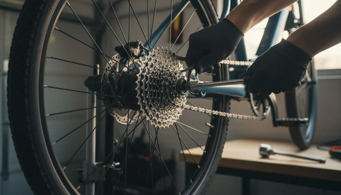 Handskerklædte hænder monterer en ny 8-speed kassette på baghjulet af en elcykel i et lyst værksted.